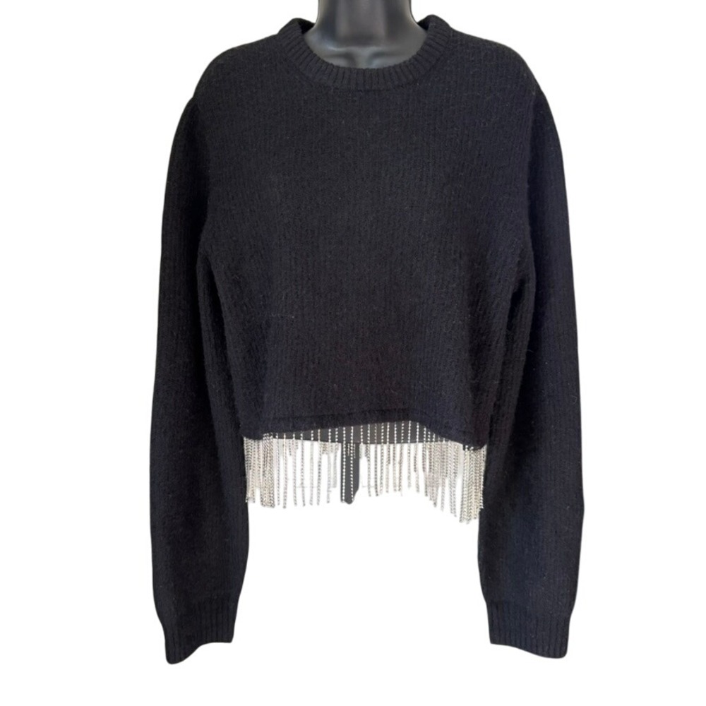 House of Harlow‎ Wool Mohair Sweater Sz L Black Rhinestone Fringe Holiday Party
